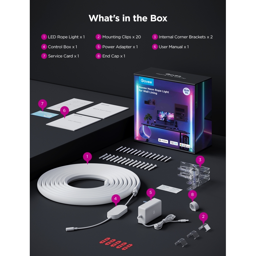 Govee - Neon MATTER LED hörnskena 5m RGBIC Wi-Fi