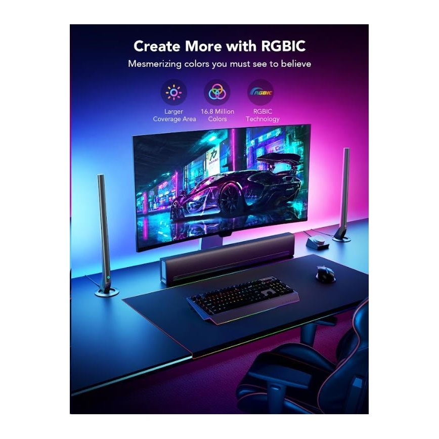 Govee - 2-pack Smart Gaming Wi-Fi LED RGBIC-paneler + Smart Dual svart + fjärrkontroll