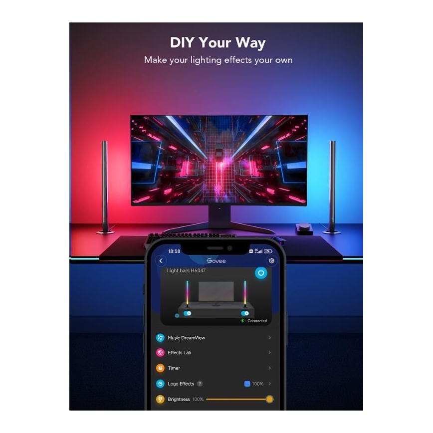 Govee - 2-pack Smart Gaming Wi-Fi LED RGBIC-paneler + Smart Dual svart + fjärrkontroll