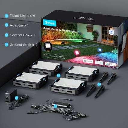 Govee - Set med 4 dimbara LED-strålkastare RGBICWW, 24 W, 230 V, IP66, Matter, Wi‑Fi