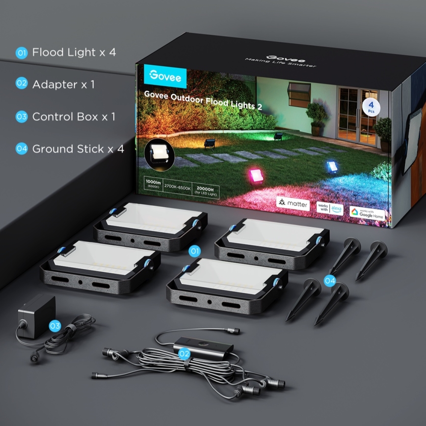 Govee - Set med 4 dimbara LED-strålkastare RGBICWW, 24 W, 230 V, IP66, Matter, Wi‑Fi