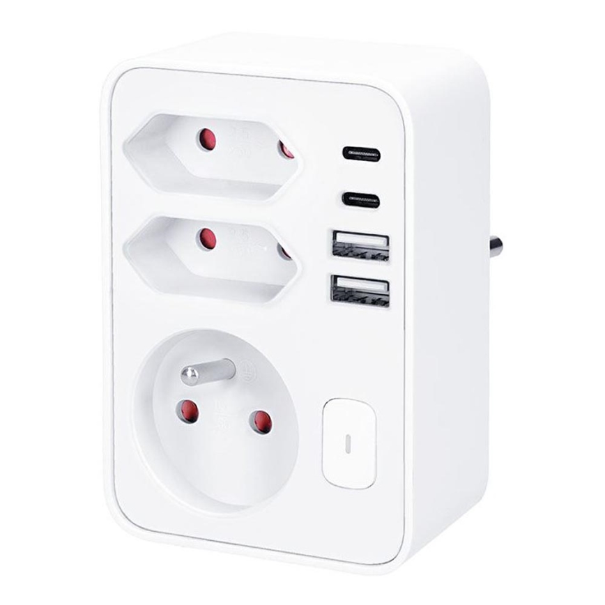 Grenuttag 1x16 A + 2x 2,5 A med 2x USB (A + C)-laddare, vitt