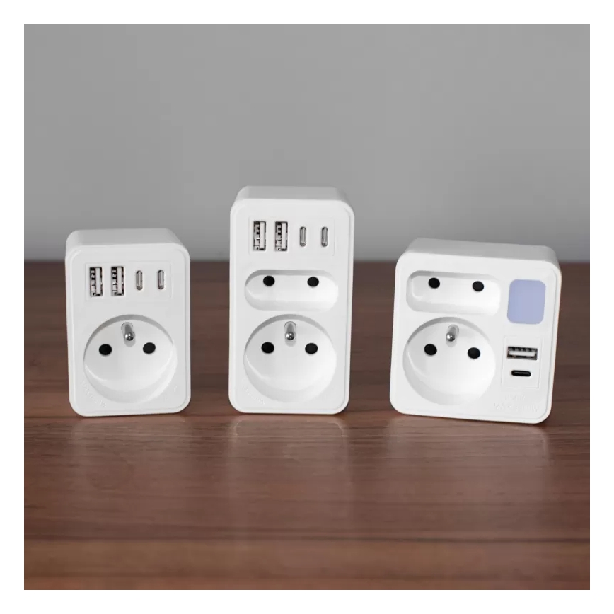 Grenuttag med 2 uttag + USB-C + USB-A med LED-belysning LED/0,5W/230V 3000K