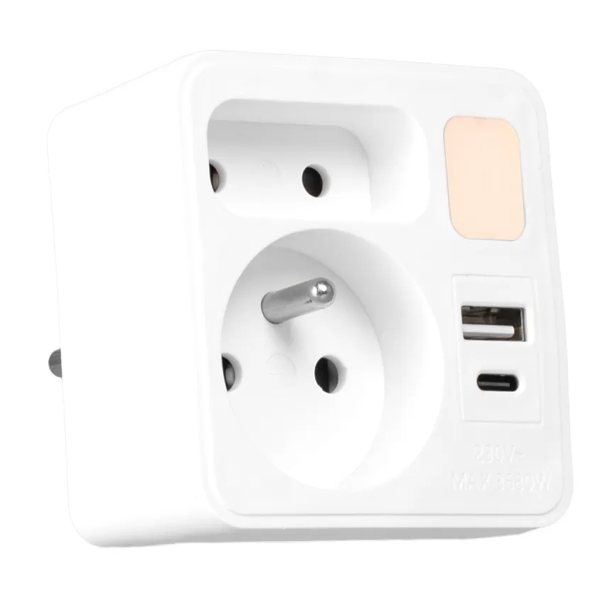Grenuttag med 2 uttag + USB-C + USB-A med LED-belysning LED/0,5W/230V 3000K