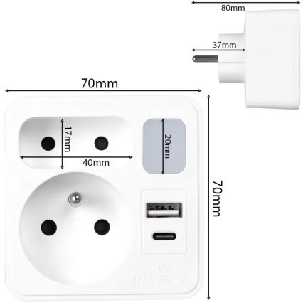 Grenuttag med 2 uttag + USB-C + USB-A med LED-belysning LED/0,5W/230V 3000K