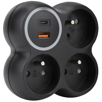 Grenuttag 3 x 15 A med USB‑A och USB‑C, svart