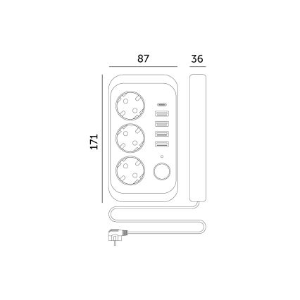 Grenuttag med strömbrytare LINEA 3x230V + 5xUSB A/C SCHUKO 3 m svart