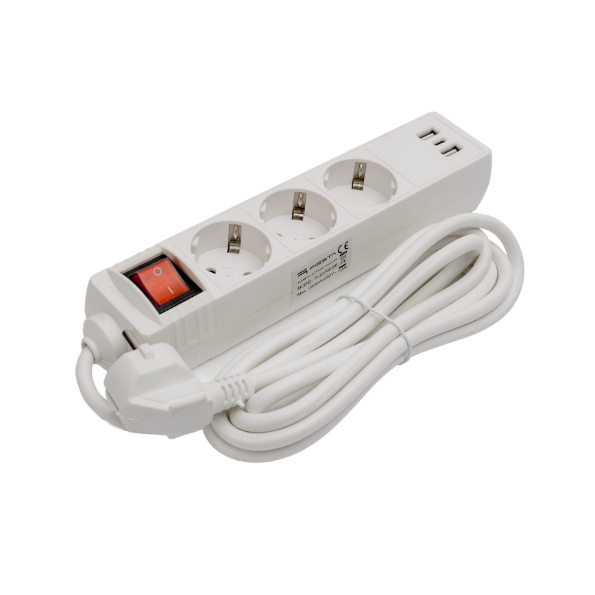 Grenuttag med strömbrytare 3 uttag + 2 x USB-A + 1 x USB-C 3 m SCHUKO vit
