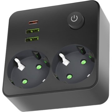 Grenuttag med strömbrytare LINEA 2 x 230 V + 3 x USB A/C SCHUKO svart