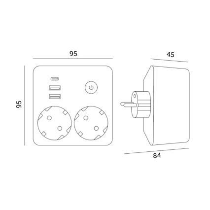 Grenuttag med strömbrytare LINEA 2 x 230 V + 3 x USB A/C SCHUKO svart