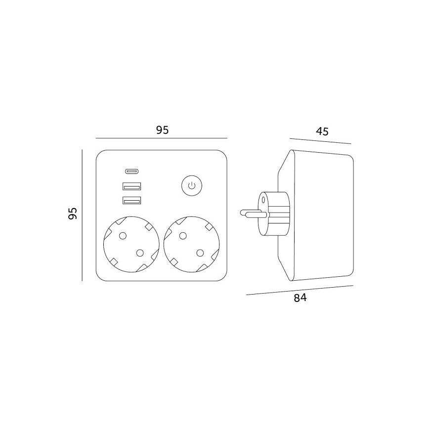 Grenuttag med strömbrytare LINEA 2 x 230 V + 3 x USB A/C SCHUKO svart