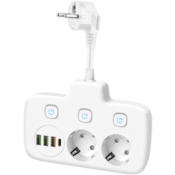 Grenuttag med strömbrytare LINEA, 2x230 V + 4x USB-A/USB-C, SCHUKO, vit