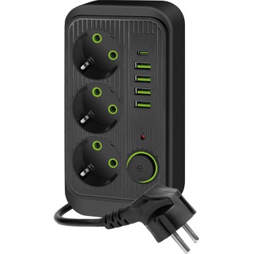 Grenuttag med strömbrytare LINEA 3x230V + 5xUSB A/C SCHUKO 3 m svart