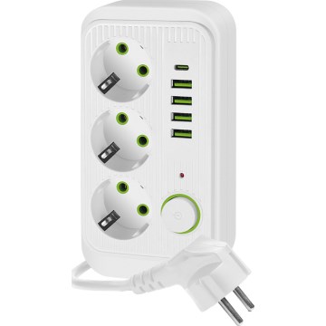 Grenuttag med strömbrytare LINEA 3x230V + 5xUSB A/C SCHUKO 5 m vit