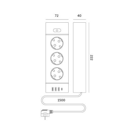 Grenuttag med strömbrytare LINEA PRO 3x230V+ 3xUSB-A + 1xUSB-C SCHUKO 1,5 m vit