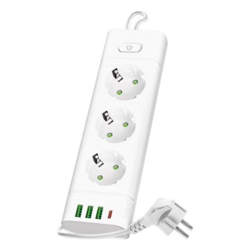 Grenuttag med strömbrytare LINEA PRO 3x230V+ 3xUSB-A + 1xUSB-C SCHUKO 1,5 m vit