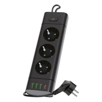 Grenuttag med strömbrytare LINEA PRO 3x230V + 3xUSB-A + 1xUSB-C SCHUKO 3 m svart