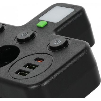 Grenuttag med strömbrytare och LED-belysning LINEA PRO 2 uttag + 3x USB A/C SCHUKO 4000K svart