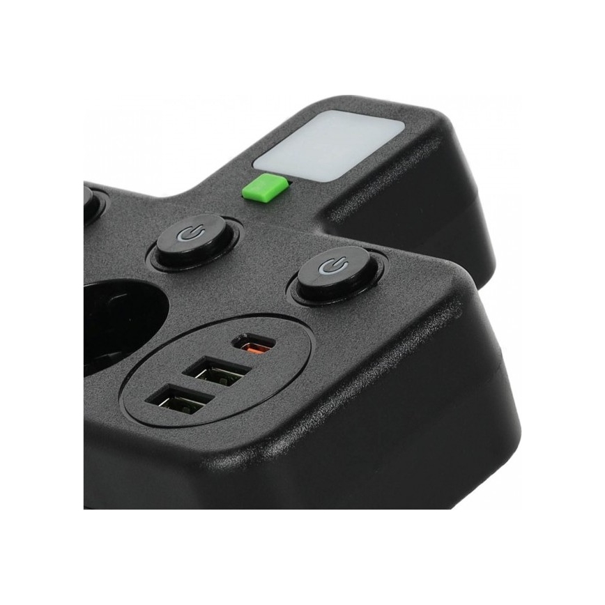 Grenuttag med strömbrytare och LED-belysning LINEA PRO 2 uttag + 3x USB A/C SCHUKO 4000K svart