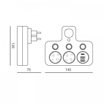 Grenuttag med strömbrytare och LED-belysning LINEA PRO 2 uttag + 3x USB A/C SCHUKO 4000K vit