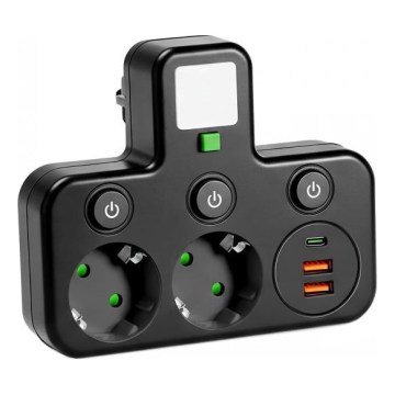 Grenuttag med strömbrytare och LED-belysning LINEA PRO 2 uttag + 3x USB A/C SCHUKO 4000K svart