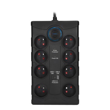 Grenuttag med strömbrytare och överspänningsskydd, 8 uttag, Typ E + 1x USB-A + 1x USB-C, 2 m, svart