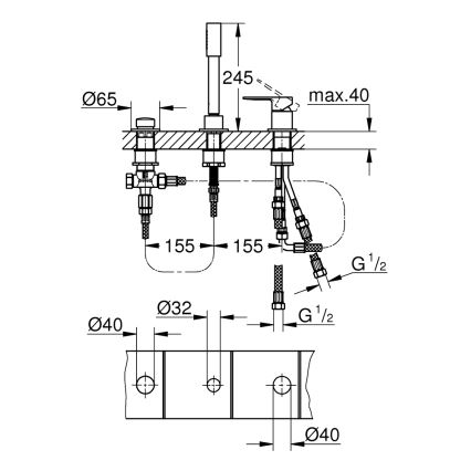 GROHE 19965001 - LINEARE trehåls badkarsblandare i blank krom
