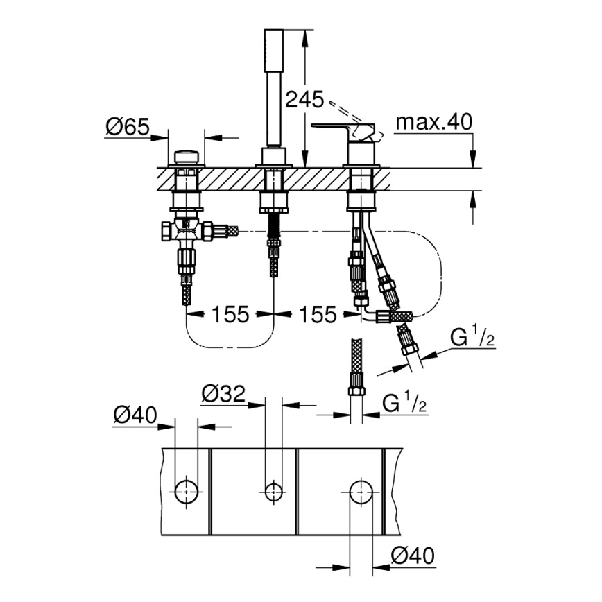 GROHE 19965001 - LINEARE trehåls badkarsblandare i blank krom