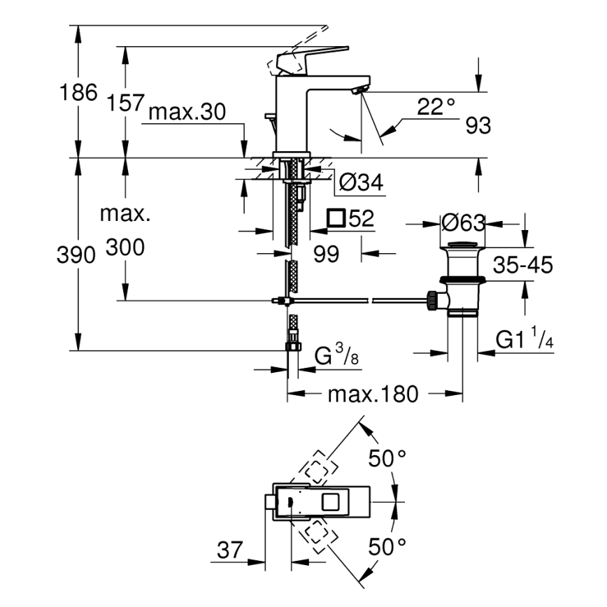 GROHE 2312700E - EUROCUBE tvättställsblandare, storlek S, polerad krom