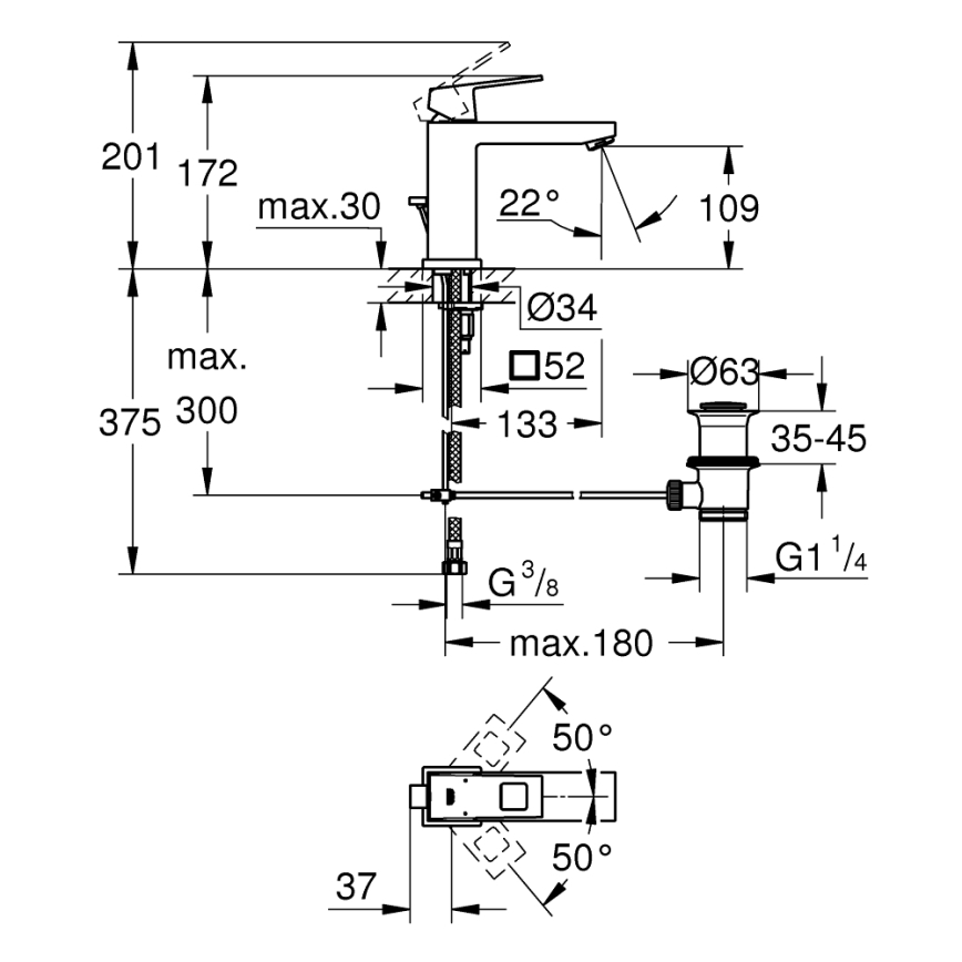 GROHE 23445000 - Tvättställsblandare EUROCUBE, storlek M, blank krom