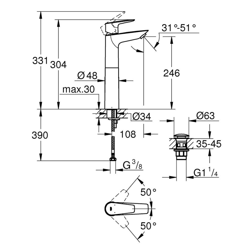 GROHE 23777001 - Tvättställsblandare START EDGE, storlek XL, blank krom