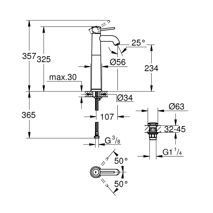 GROHE 23784000 - START CLASSIC tvättställsblandare, 357 mm, blank krom