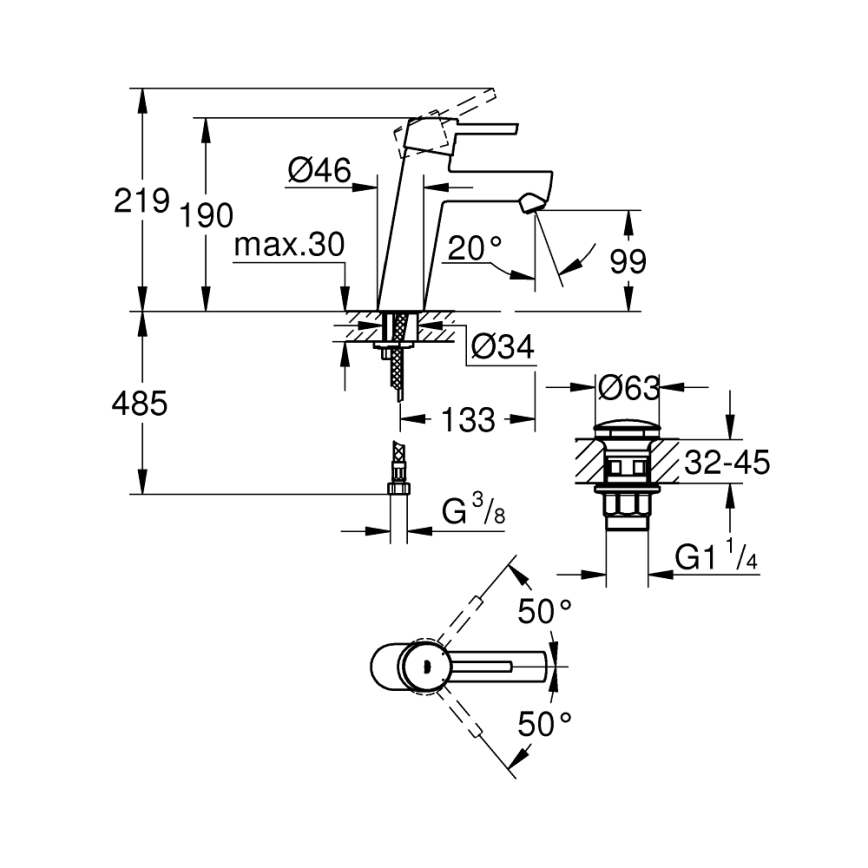 GROHE 23932001 - Tvättställsblandare EUROSMART, storlek M, blank krom