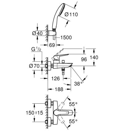 GROHE 25283002 - Badkarsblandare med tillbehör DN 15 i blank krom