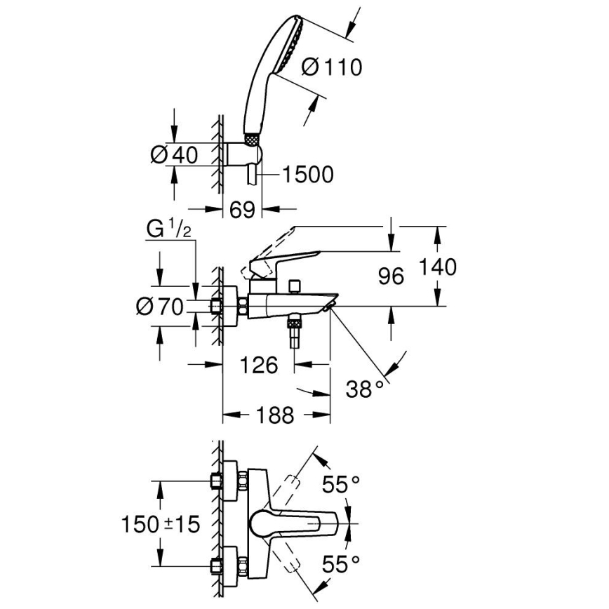 GROHE 25283002 - Badkarsblandare med tillbehör DN 15 i blank krom