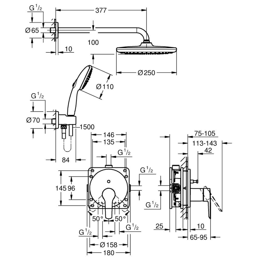 GROHE 25292000 - Infällt duschsystem START VITALIO START 250 krom