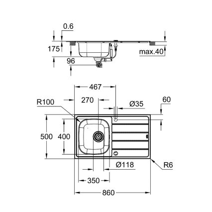 GROHE 31562SD1 - Set med köksdiskho och blandare BAU 860 x 500 mm i rostfritt stål