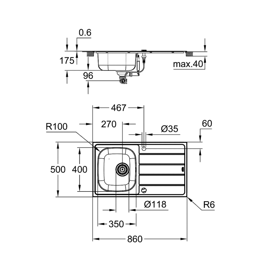 GROHE 31562SD1 - Set med köksdiskho och blandare BAU 860 x 500 mm i rostfritt stål