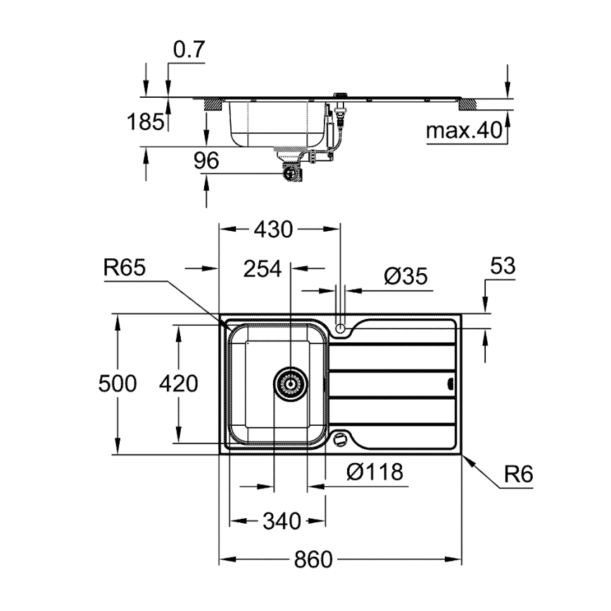 GROHE 31573SD1 - Set med köksdiskho K500 med avrinningsyta och köksblandare A, 86×50 cm i rostfritt stål