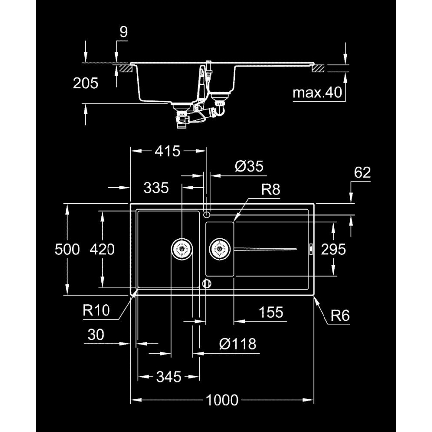 GROHE 31642AP0 - Köksdiskho K400 1000 × 500 mm granit/svart