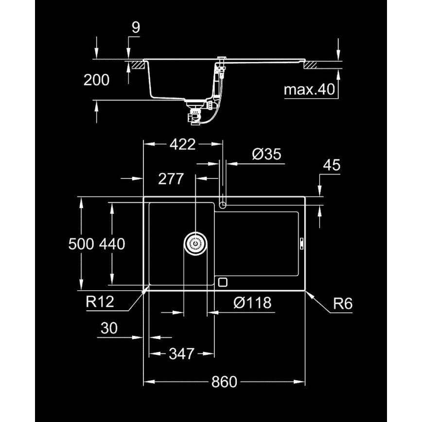 GROHE 31644AP0 - Kompositdiskho K500 860 × 500 mm svart