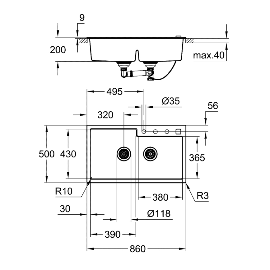 GROHE 31649AP0 - Kompositdiskho K500 860 × 500 mm svart