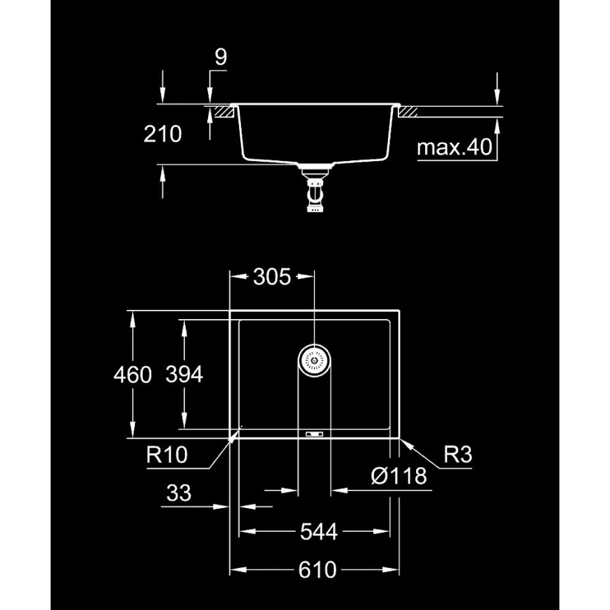 GROHE 31655AP0 - Diskho K700U 610 × 460 mm svart sten/svart