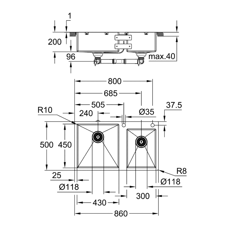 GROHE 31855SD0 - Diskho K700 860 × 500 mm i rostfritt stål