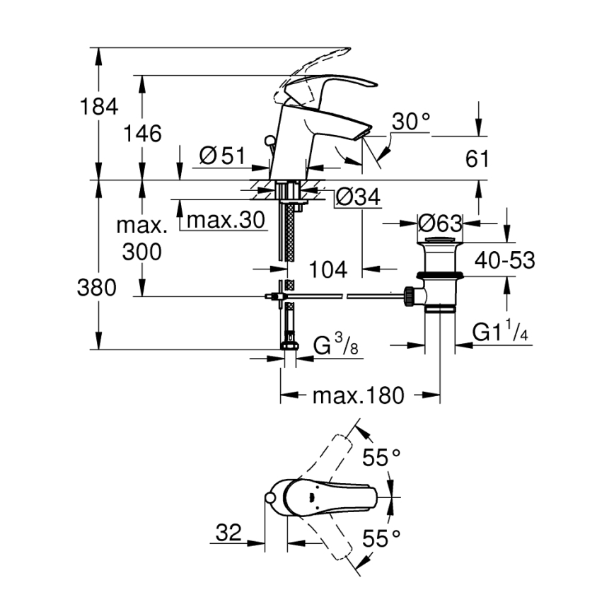 GROHE 33265002 - Tvättställsblandare EUROSMART DN 15 storlek S blank krom