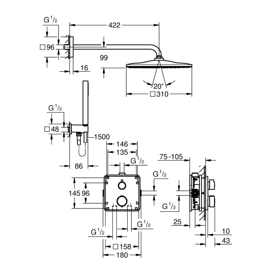 GROHE 34881000 - Infällt duschsystem PRECISION 310 × 310 mm blank krom