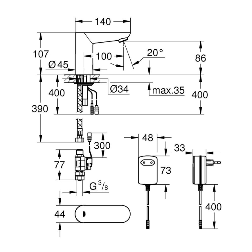 GROHE 36269000 - Elektronisk tvättställsblandare EUROECO COSMOPOLITAN E 107 mm krom