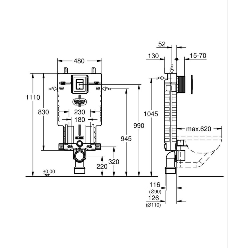 GROHE 38825000 - Förväggsinstallationsstomme UNISET 830 × 480 × 130 mm, vit EPS
