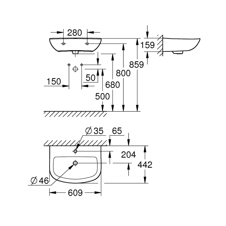 GROHE 39421000 - Vägghängt tvättställ BAU CERAMIC 609 × 442 mm keramik/vit