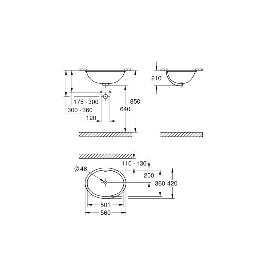 GROHE 39423000 - Infällt tvättställ BAU CERAMIC 560 × 420 mm keramik/vit